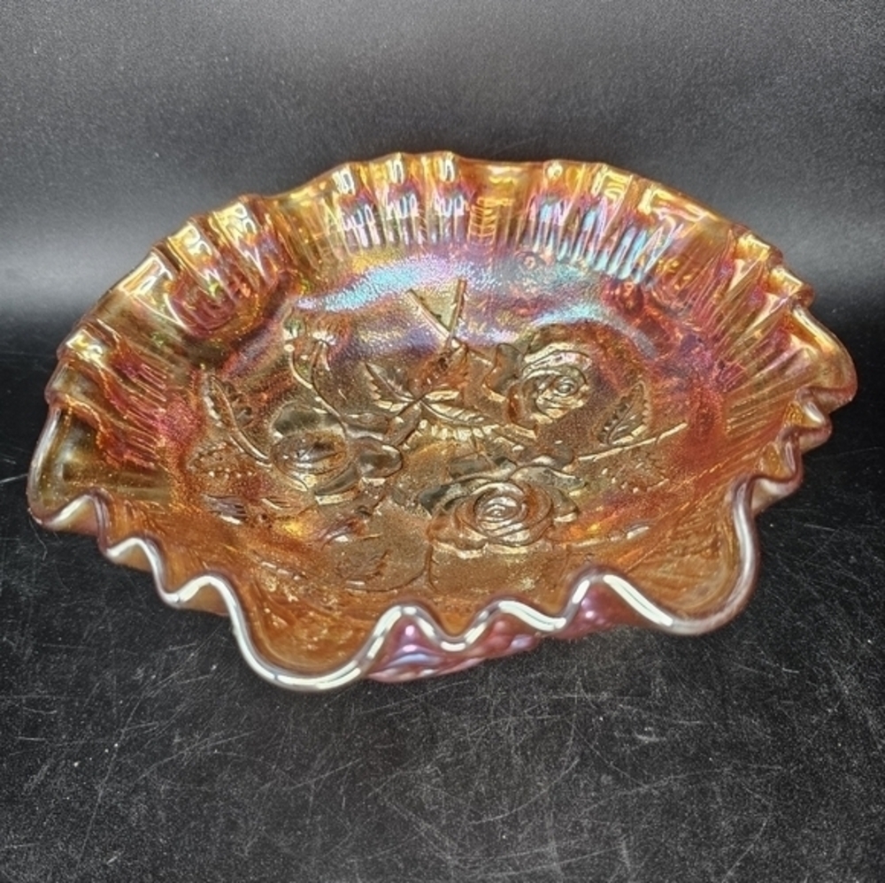 Vintage Imperial marigold carnival glass three footed Candy dish‎